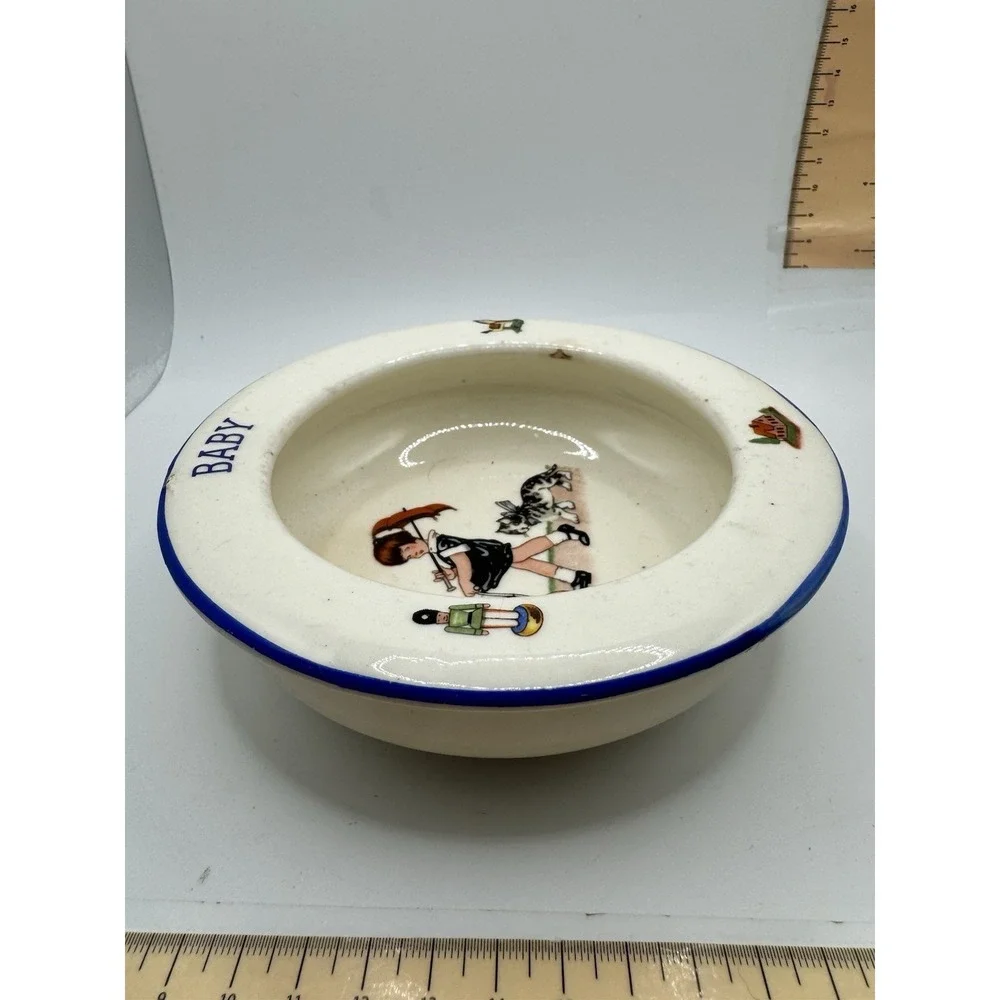 Antique Czecho-Slovakia Ceramic Baby Bowl 1920s Girl with Pram Dog Blue Trim 6in
